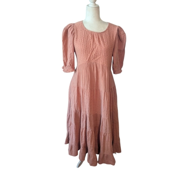 Cottagecore Pink Dress Pleated Tiered Eyelet Cotton Puff Sleeves Tiered Sz L - Picture 11 of 11